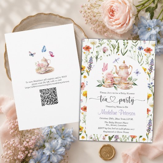 Wilde Blumen QR-Code-Teeparty-Baby- Shower  Einladung