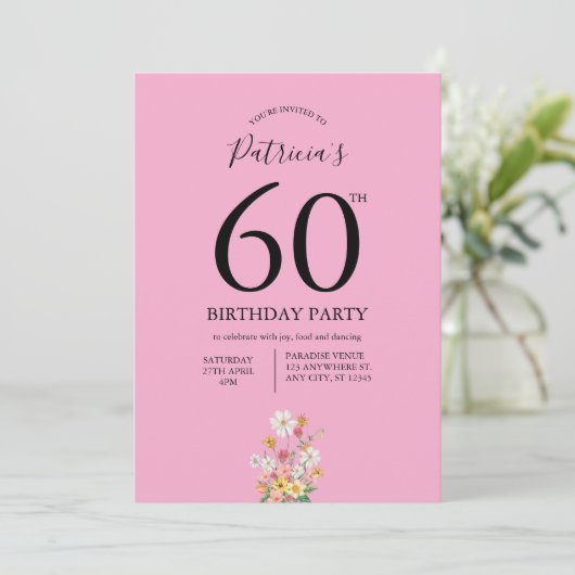 Wilde Blumen Rosa 60. Geburtstag Einladung (Stehend Vorderseite)