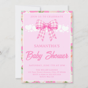 Wilde Blumen Rosa Gingham-Schleife Mädchen-Baby-Pa Einladung