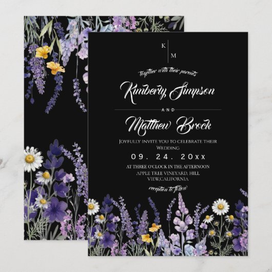 Wilde Blumen Rustikale Boho Schwarze Hochzeit Einladung (Vorne/Hinten)