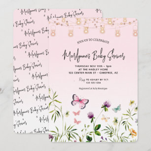 Wilde-Blumen-Schmetterling-Rosa-Schrift-Baby-Party Einladung