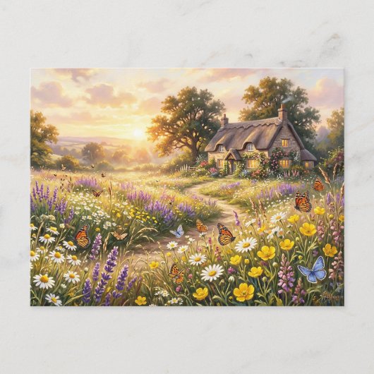 Wilde Blumen und ein süßes Cottage Postkarte (Vorderseite)