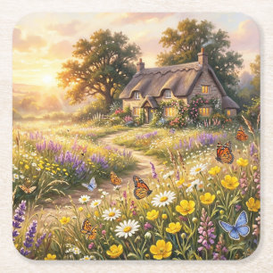 Wilde Blumen und ein süßes Cottage Rechteckiger Pappuntersetzer