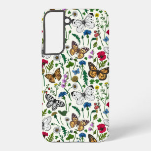 Wilde Blumen und Schmetterlinge auf Weiß Samsung Galaxy Hülle
