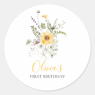 Wilde Blumen Wasserfarbe Floral erste Geburtstag Runder Aufkleber