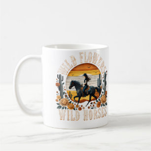 Wilde Blumen Wilde Pferde Sonnenuntergang Cowgirl  Kaffeetasse