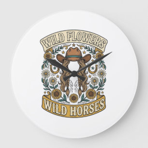 Wilde Blumen Wilde Pferde Vintage Western Floral D Große Wanduhr