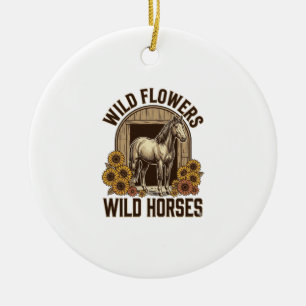 Wilde Blumen Wilde Pferde Vintage Western-Shirt De Keramik Ornament