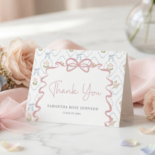 Wilde Blüten Rosa Schleife Abschluss Dankeskarten Dankeskarte