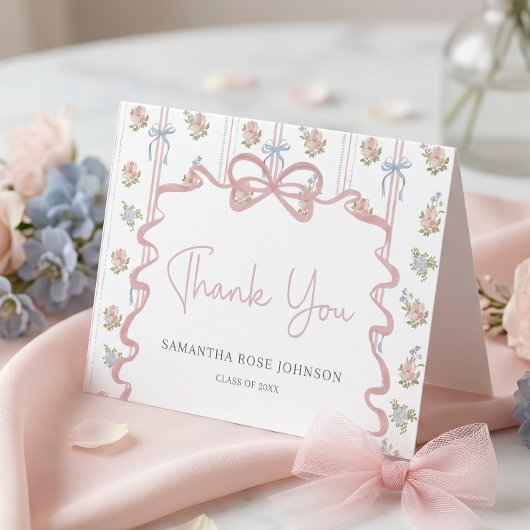 Wilde Blüten Rosa Schleife Abschluss Dankeskarten Dankeskarte