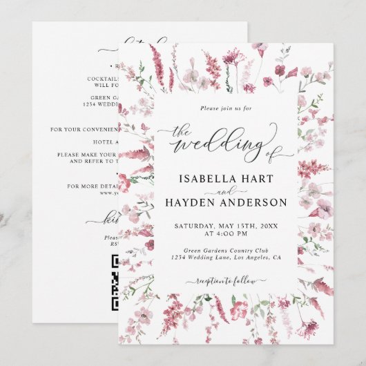 Wilde Blütenblüte in einem QR-Code Einladung (Vorne/Hinten)