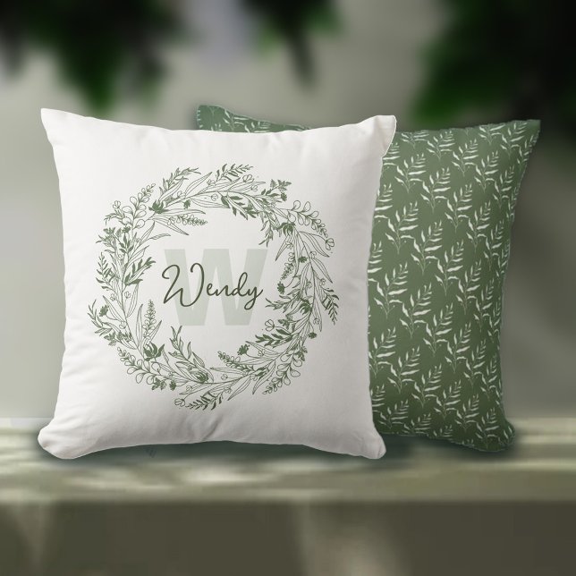 Wilde botanische blättrige Monogramm W Kissen (Von Creator hochgeladen)