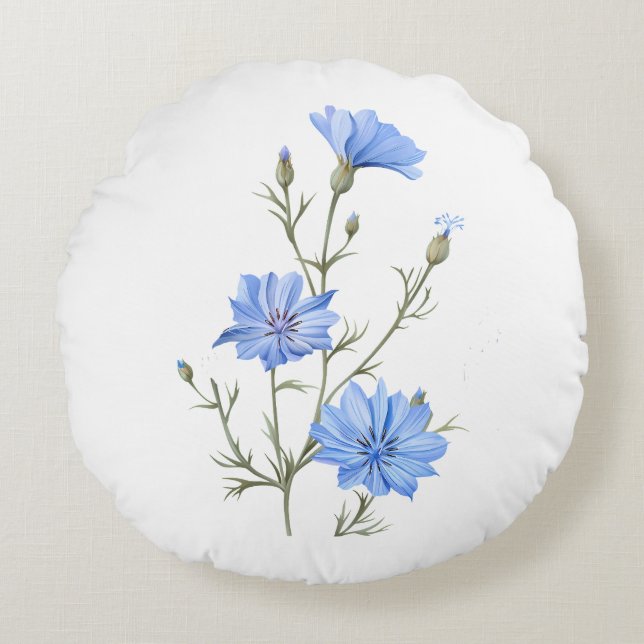 Wilde Chicorée Blume Botanische Wasserfarbenwelt Rundes Kissen (Vorderseite)