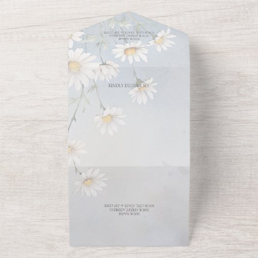 Wilde Daisien auf hellgrauem QR-Code All In One Einladung (Außenbereich)