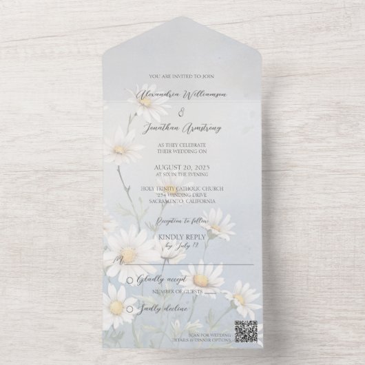 Wilde Daisien auf hellgrauem QR-Code All In One Einladung (Innen Boden)