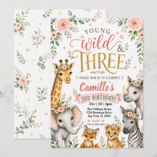 Wilde Drei Safari-Aquarell-Blumen 3. Geburtstag Einladung