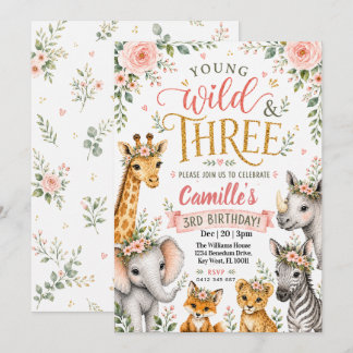 Wilde Drei Safari-Aquarell-Blumen 3. Geburtstag Einladung