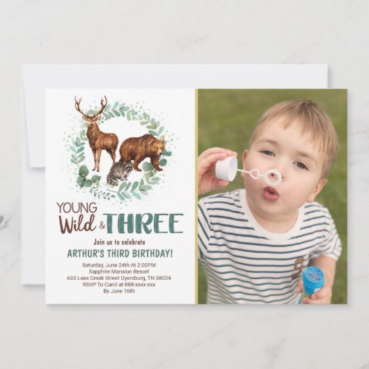 Wilde drei Waldtiere zum Geburtstag Einladung (Vorderseite)