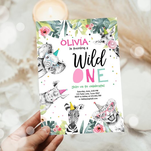 Wilde Einladung zum Geburtstag Safari Girl Animals