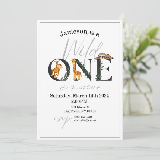 Wilde Einmonate, Giraffe, Sloth Dschungel laden ei Einladung (Stehend Vorderseite)