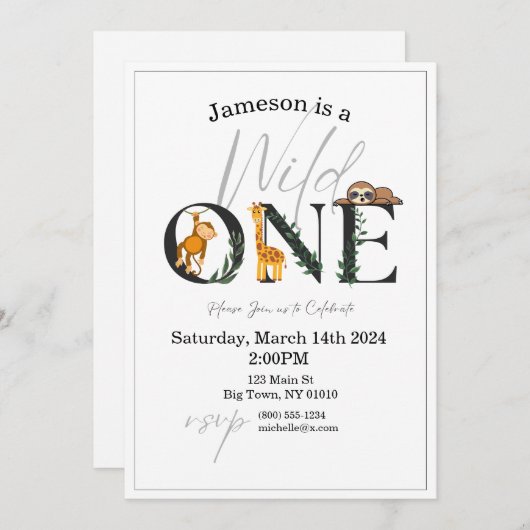 Wilde Einmonate, Giraffe, Sloth Dschungel laden ei Einladung (Vorne/Hinten)