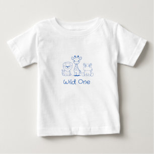 "Wilde Eins" Giraffe, Löwe, Nilpferd blaue Umrandu Baby T-shirt
