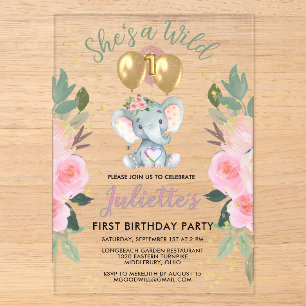 Wilde Eins Pink Girl Elefant Erster Geburtstag Acryleinladungen