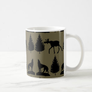 Wilde Elch-Wolf-Kiefer-rustikales TAN-Schwarzes Kaffeetasse