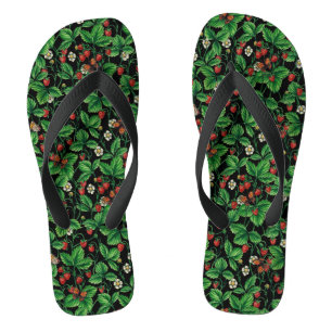Wilde Erdbeeren auf schwarz Badesandalen