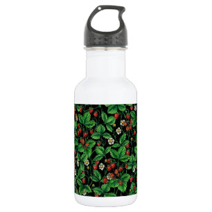 Wilde Erdbeeren auf schwarz Edelstahlflasche