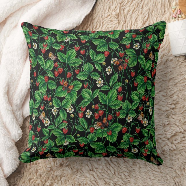 Wilde Erdbeeren auf schwarz Kissen (Decke)