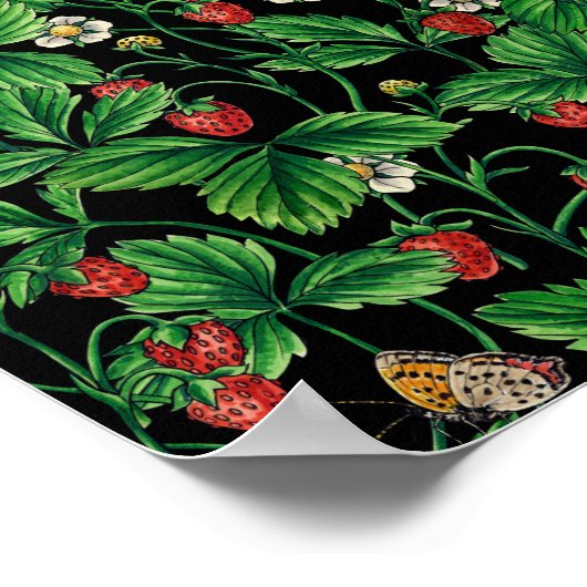 Wilde Erdbeeren auf schwarz Poster (Ecke)