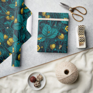 Wilde Erdbeeren, gelb und blau Geschenkpapier