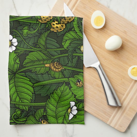 Wilde Erdbeeren, gelb und grün Geschirrtuch (Viertel Falte)