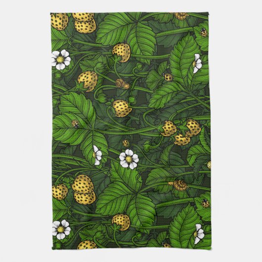 Wilde Erdbeeren, gelb und grün Geschirrtuch (Vertikal)