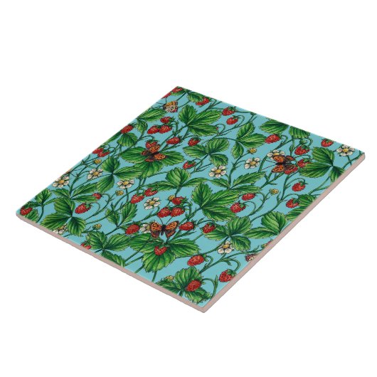 Wilde Erdbeeren in Poolblau Fliese (Seite)