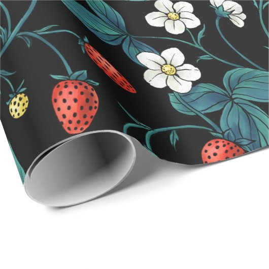 Wilde Erdbeeren rot/gelb/blau/schwarz Geschenkpapier (Rolleneckpunkt)