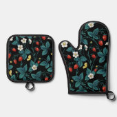 Wilde Erdbeeren rot/gelb/blau/schwarz Ofenhandschuh & Topflappen-Set (Vorderseite)