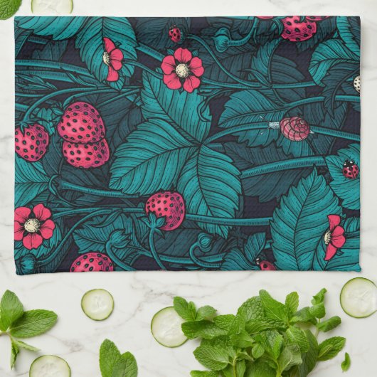 Wilde Erdbeeren, rot und blau Geschirrtuch (Gefaltet)