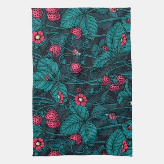 Wilde Erdbeeren, rot und blau Geschirrtuch (Vertikal)