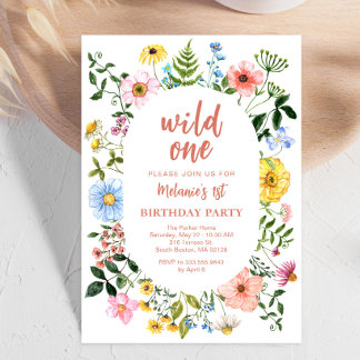 Wilde erste Geburtstagseinladung mit Wildblumen
