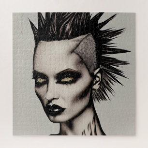 Wilde Frau mit Mohawk und Piercings Gothic Punk   Puzzle