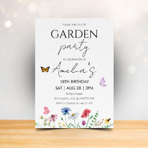 Wilde Geburtstags-Gartenparty mit rosa Schmetterli Einladung