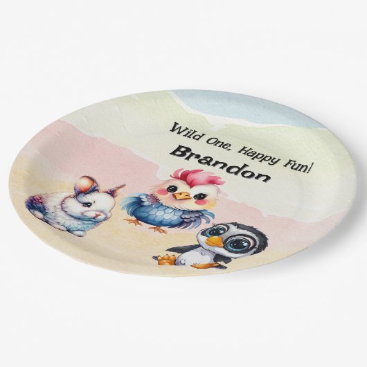 Wilde, glückliche Waldtiere Wasserfarbe Pappteller (Schrägansicht)