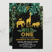 Wilde/Gold Dschungel-Safari-Tier-1. Geburtstag Einladung (Vorne/Hinten)