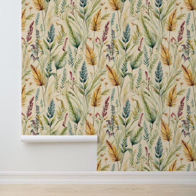 Wilde Gräser im Wasser auf Creme Tapete (Anwendung)