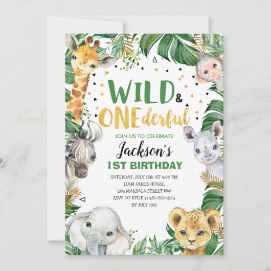 Wilde Jungle Safari 1. Geburtstag Einladung (Vorderseite)