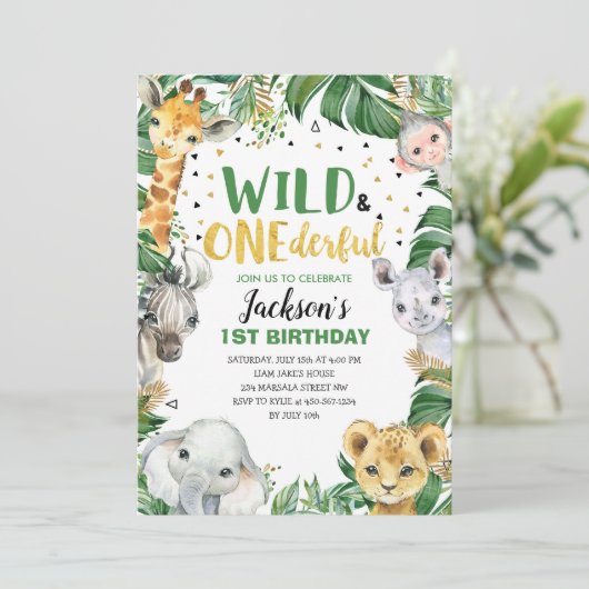 Wilde Jungle Safari 1. Geburtstag Einladung (Stehend Vorderseite)