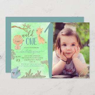 Wilde Jungle Tiere Blue Brown erster Geburtstag Einladung