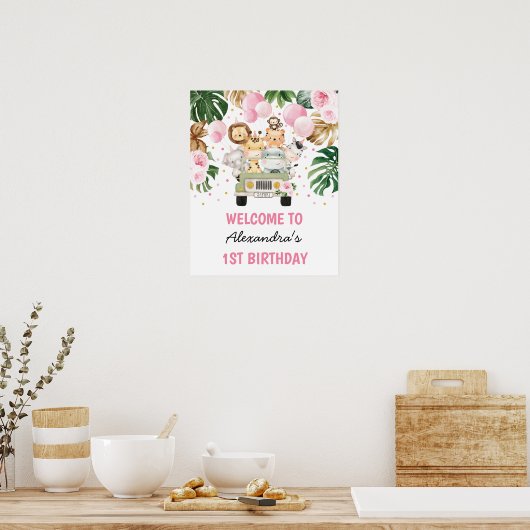 Wilde Jungle Tiere Rosa Blumengeburt Willkommen Poster (Küche)